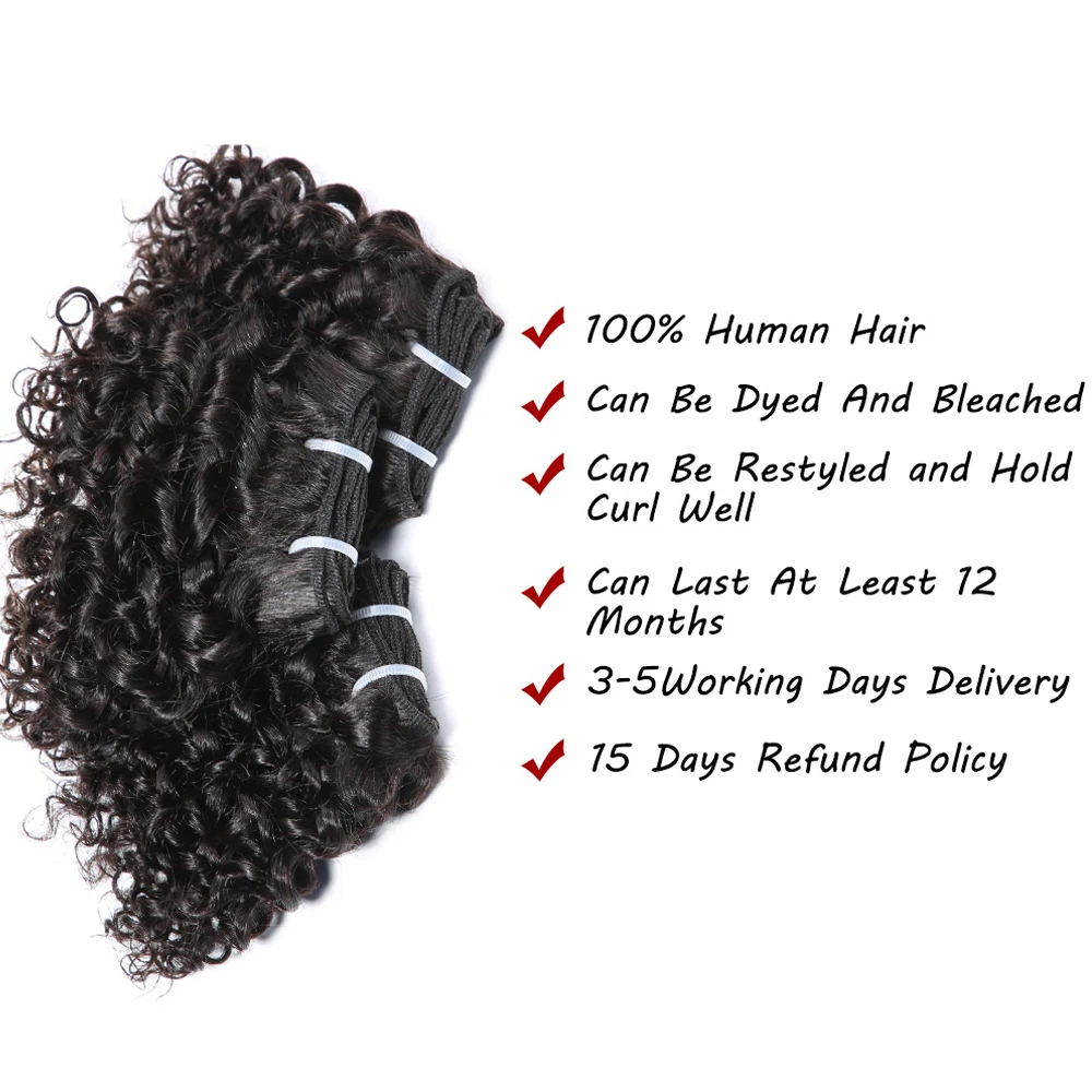 Hair Color: #100, Stretched Length: 6inches, Longest Hair Proportion: 10A - Code Calla Bouncy Curly Hair Bundles Double Draw Indian 6inch Short Cut Remy Human Hair Extensions Natural Black Brown Color
