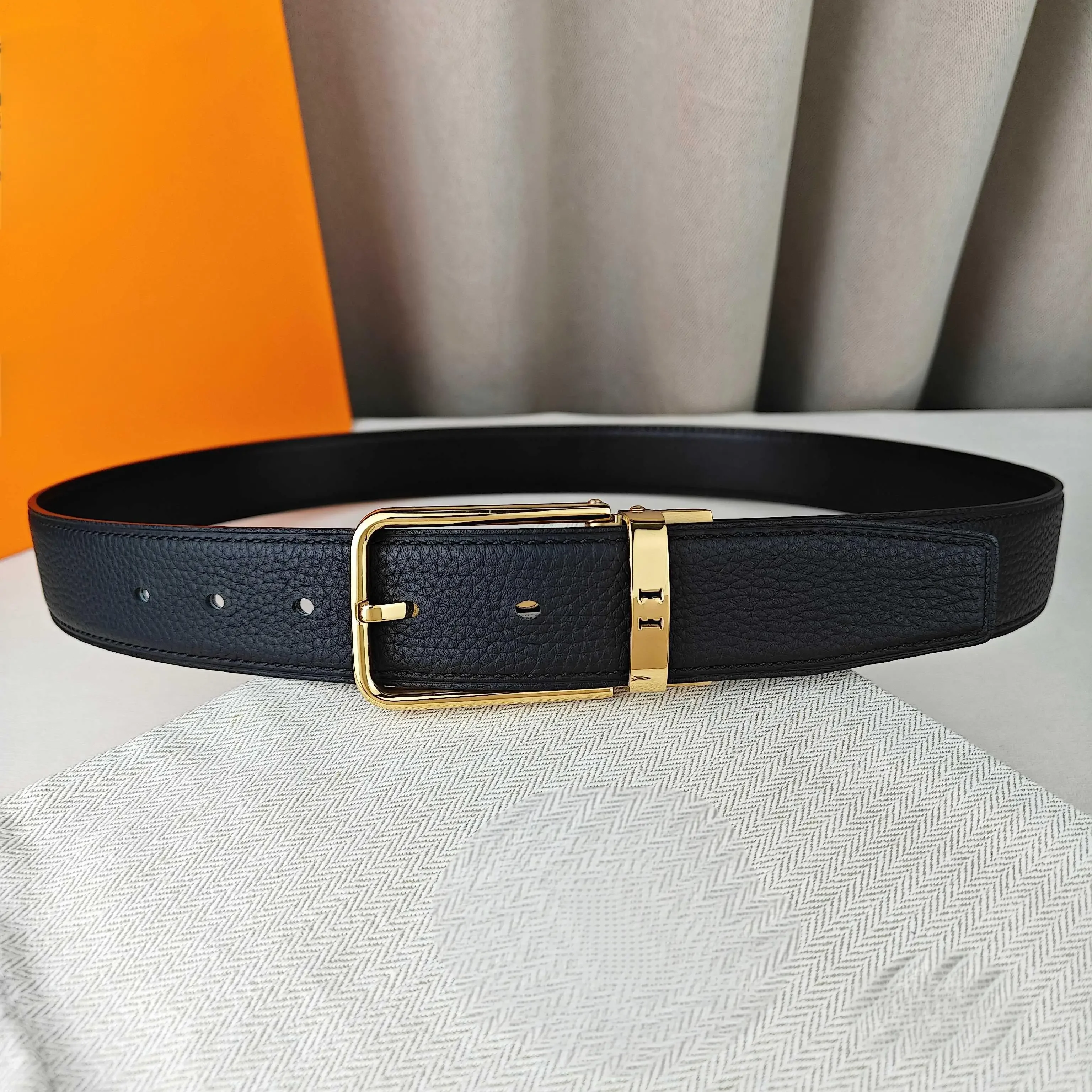 Color: Silver - Light Luxury Style Pin Buckle Belt Top Quality First Layer Cowhide Black Lychee Surface Luxury Gift Men's High-end Belt