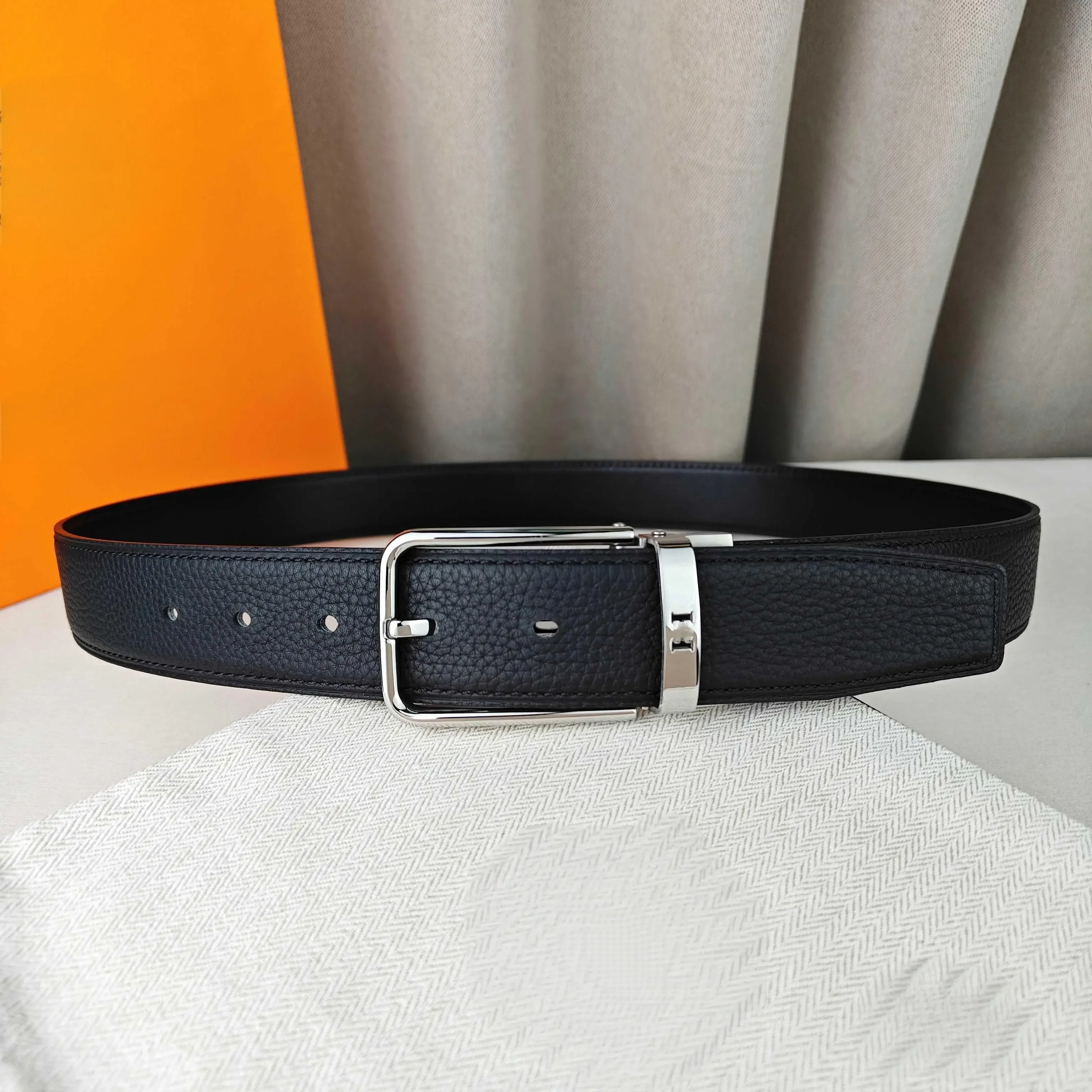 Color: Silver - Light Luxury Style Pin Buckle Belt Top Quality First Layer Cowhide Black Lychee Surface Luxury Gift Men's High-end Belt