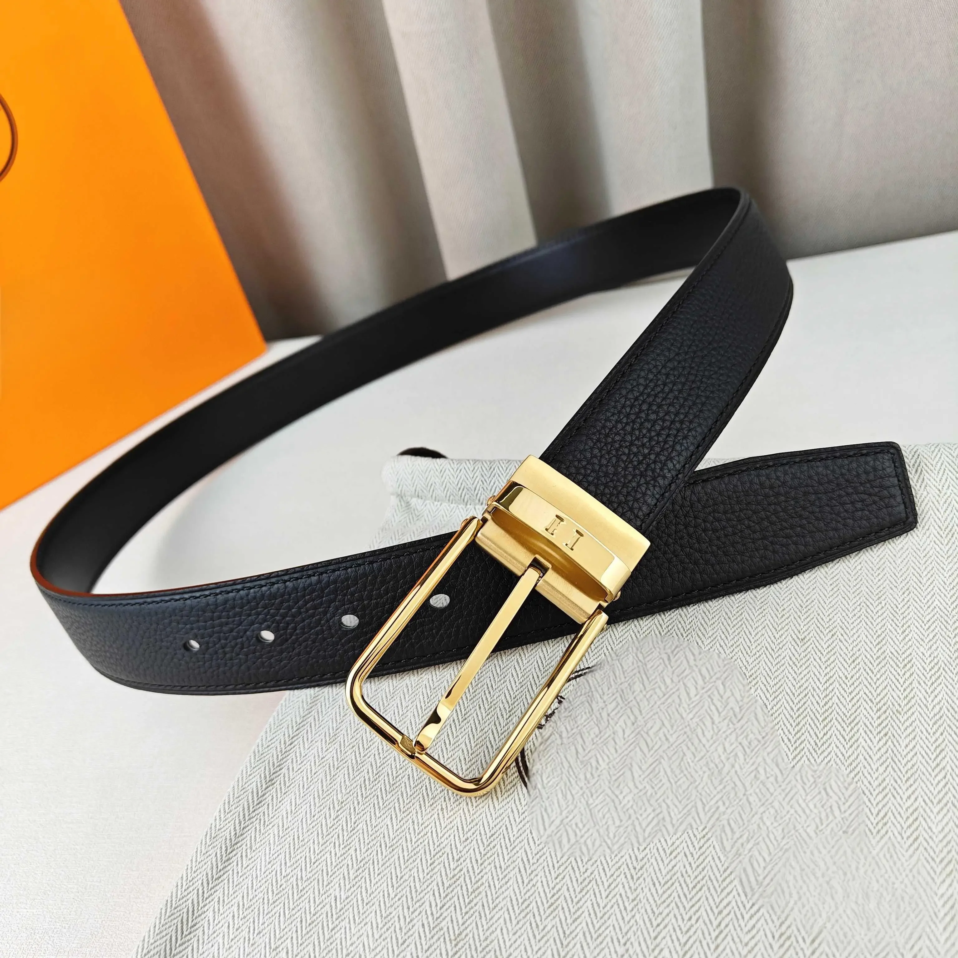 Color: Silver - Light Luxury Style Pin Buckle Belt Top Quality First Layer Cowhide Black Lychee Surface Luxury Gift Men's High-end Belt