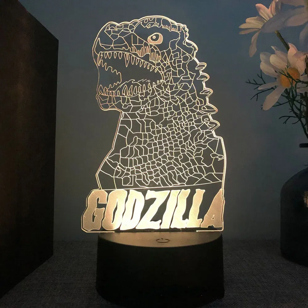 Color: WHITE, Emitting Color: BROWN - Hot Toys Godzilla 3D Acrylic Night Light 16 Colors Dimmable USB Desk Lamp Birthday Gift for Boys and Girls Christmas Gift
