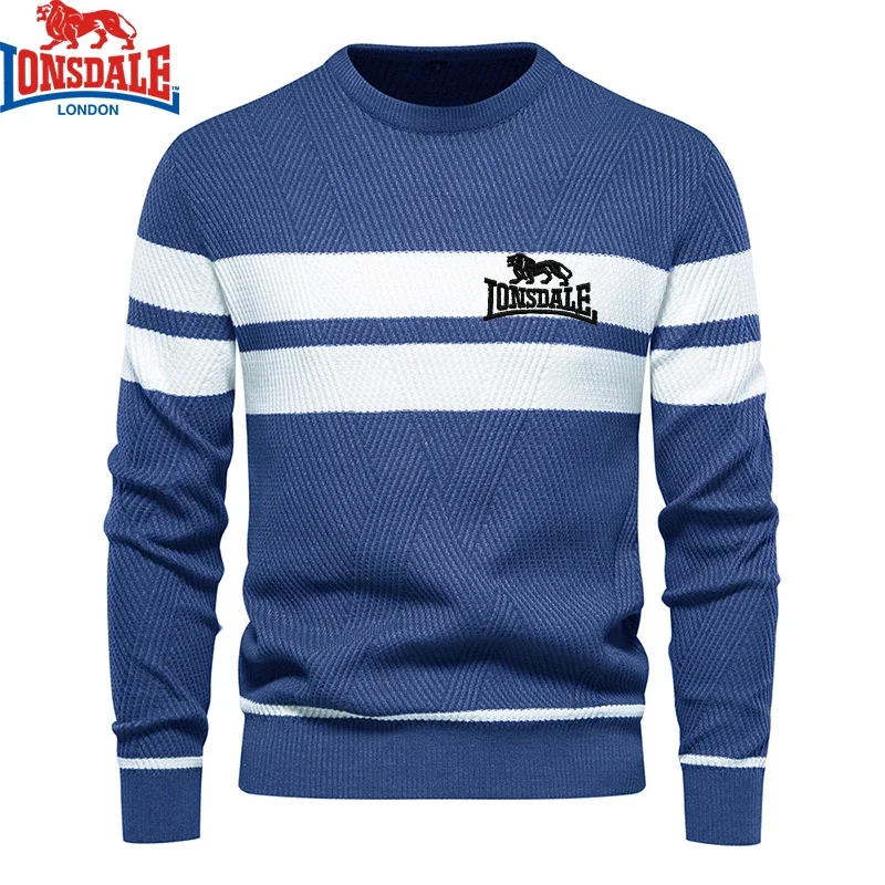 Color: Blue, Size: M - Embroidered LONSDALE Mens Boys Winter Stripe Sweater Thick Warm Pullovers Men's O-neck Basic Casual Slim Comfortable Sweaters
