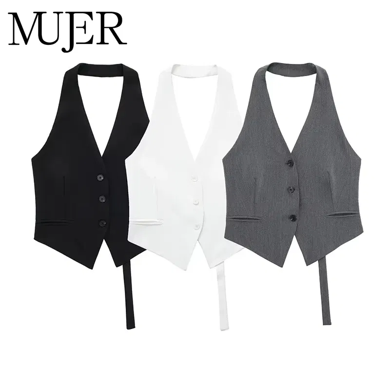 Color: black, Size: L - MUJER Off Shoulder Sleeveless Vest Women Black White Cropped Vest Woman Fashion Backless V Neck Short Coats Summer Waistcoat