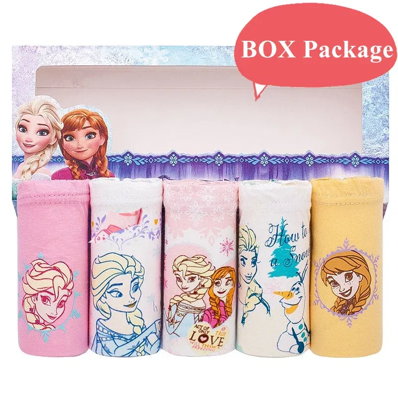 Color: SKY BLUE, Kid Size: 6 - 5 Pack Girls Cotton Briefs With Exquisite Box, Queen Elsa Kids Soft Girls Panties, Princess Cartoon Children's Underpants 2-14T