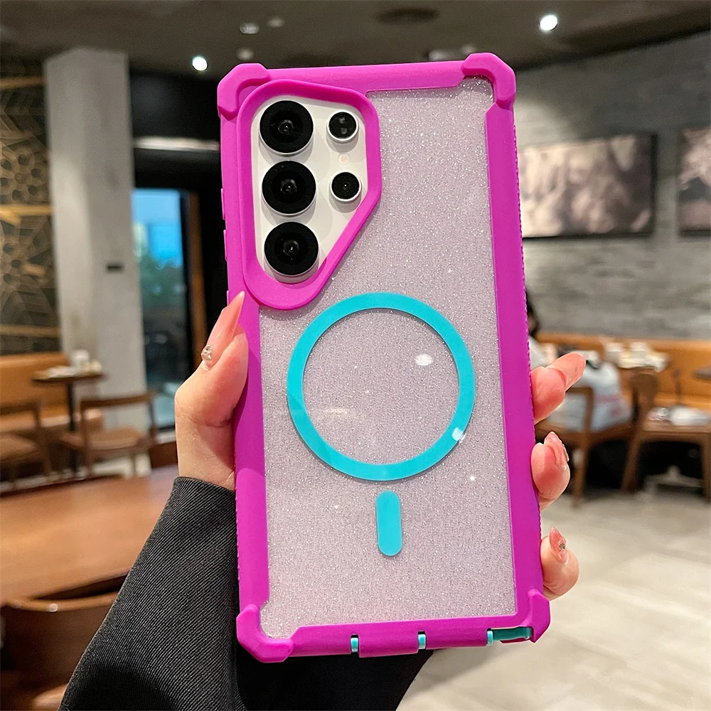 Color: Beige, Compatibility by Model: Galaxy S25 - For Magsafe Clear Armor Bumper Glitter Phone Case For Samsung S25 Ultra S24 Plus Wireless Charging Shockproof Protective Cover