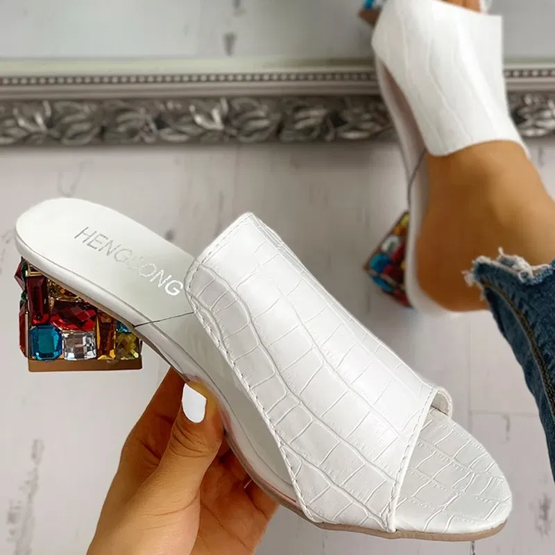 Color: WHITE, Shoe Size: 38 - Women Crystal Sandals 2024 New Spring Summer Open Toe Sandals Square Heels Beach Fashion Sandals Women Sandalias De Mujer