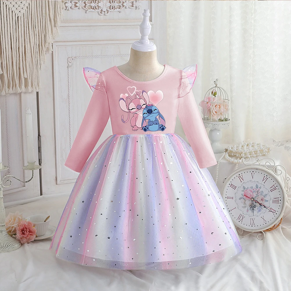 Color: Beige, Kid Size: 3T - Stitch Princess Dress Autumn New Disney Baby Girls Dress Spring Autumn Long-sleeved For Children Kids Clothes Birthday Party