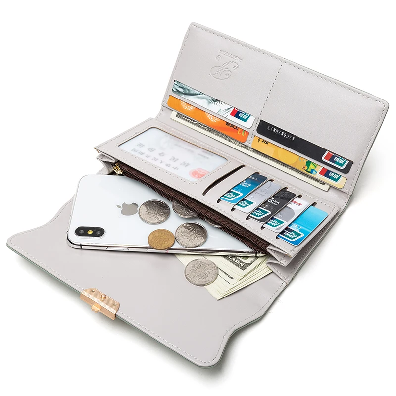 Color: Burgundy - 2023 spring new women's long purse Japanese and South Korea small fresh plaid buckle folding hold bag large capacity women's mul