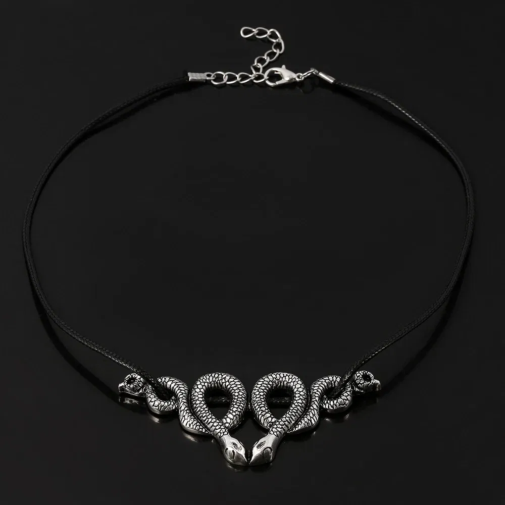 Gothic Vintage Trendy Witch Snake Choker Double Snake Pendent Necklace Fashion Jewelry Accessories Party Gift for Women Men