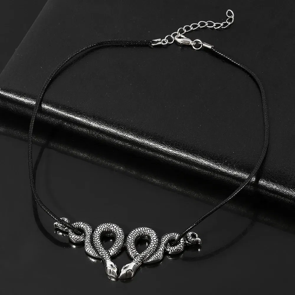 Gothic Vintage Trendy Witch Snake Choker Double Snake Pendent Necklace Fashion Jewelry Accessories Party Gift for Women Men