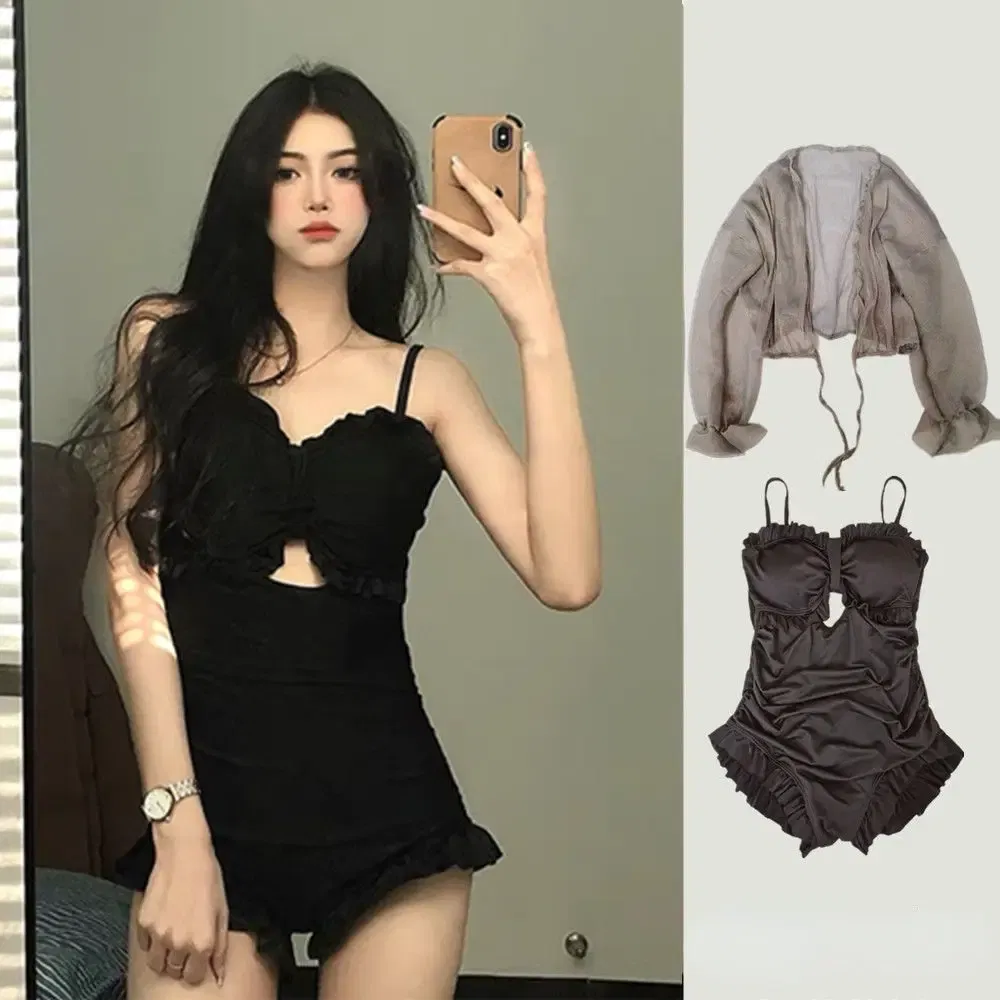 Color: Beige, Size: L - Women Bikinis Set Summer Sexy Black Beach Style Holiday Slim Swimwear Sunscreen Bathing Suit Seductive Ulzzang New 2024 Trendy