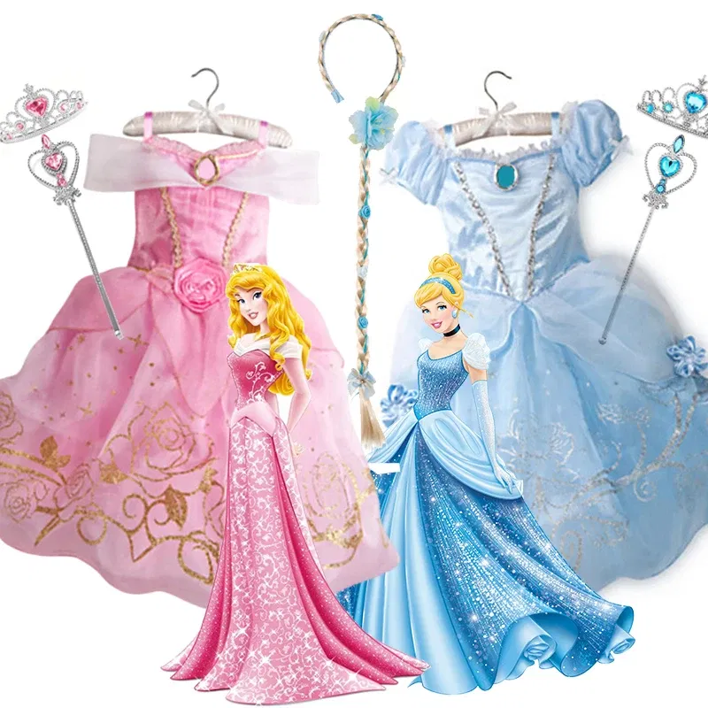 Color: Khaki, Kid Size: 2T - Children Halloween Disguise Aurora Cinderella Disney Princess Costume Festival Dress up Kids Girls Sleeping Beauty Frock 1-12Yrs
