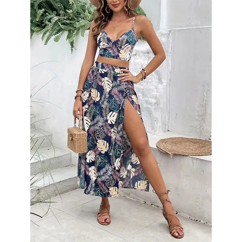 Color: MULTI, Size: S - Elegant Deep V-neck Dress Women Summer Sleeveless Printed Vest Skirt Set Sexy High Slit Trend Dresses