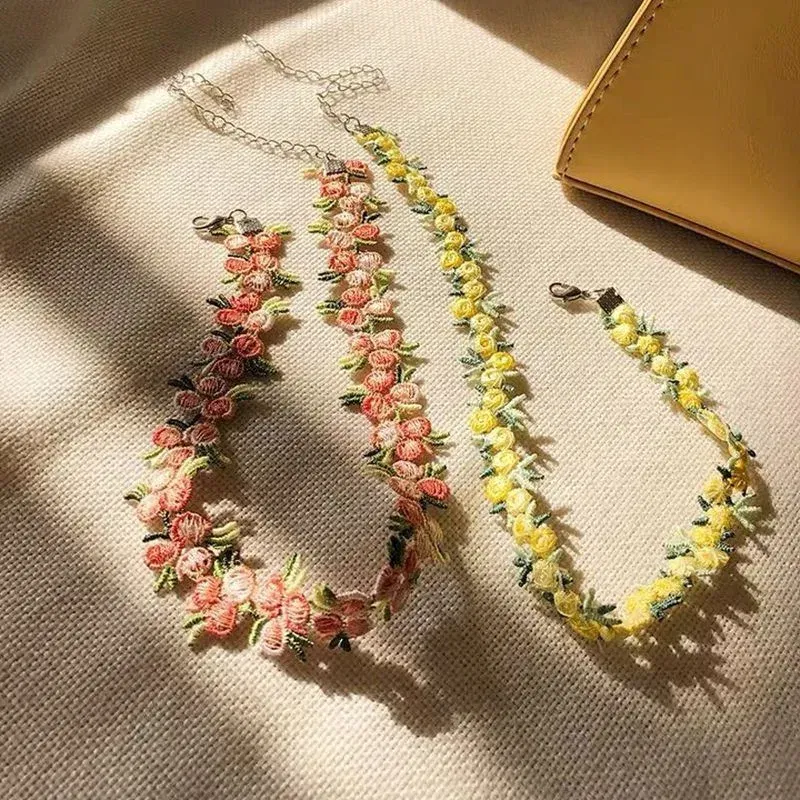Metal Color: RED-BROWN - New Sweet Flowers Lace Necklace Choker for Women Girls Good Quality Embroidery Fashion Romantic Design Accessory Jewelry