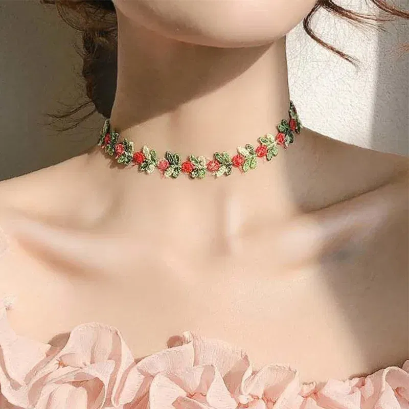 Metal Color: RED-BROWN - New Sweet Flowers Lace Necklace Choker for Women Girls Good Quality Embroidery Fashion Romantic Design Accessory Jewelry