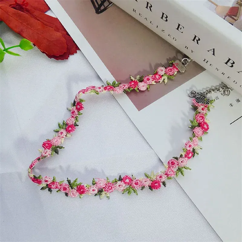 Metal Color: RED-BROWN - New Sweet Flowers Lace Necklace Choker for Women Girls Good Quality Embroidery Fashion Romantic Design Accessory Jewelry