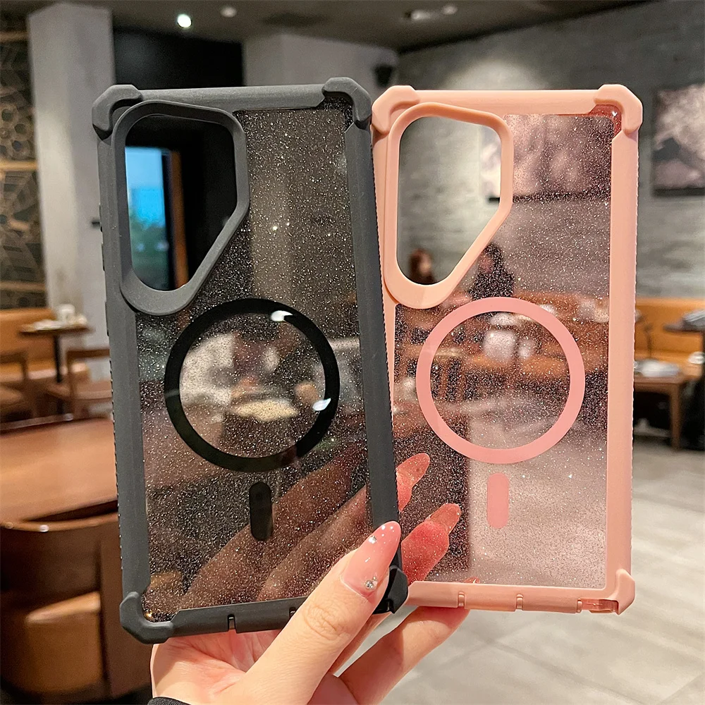 Color: Beige, Compatibility by Model: Galaxy S25+ - For Magsafe Clear Armor Bumper Glitter Phone Case For Samsung S25 Ultra S24 Plus Wireless Charging Shockproof Protective Cover