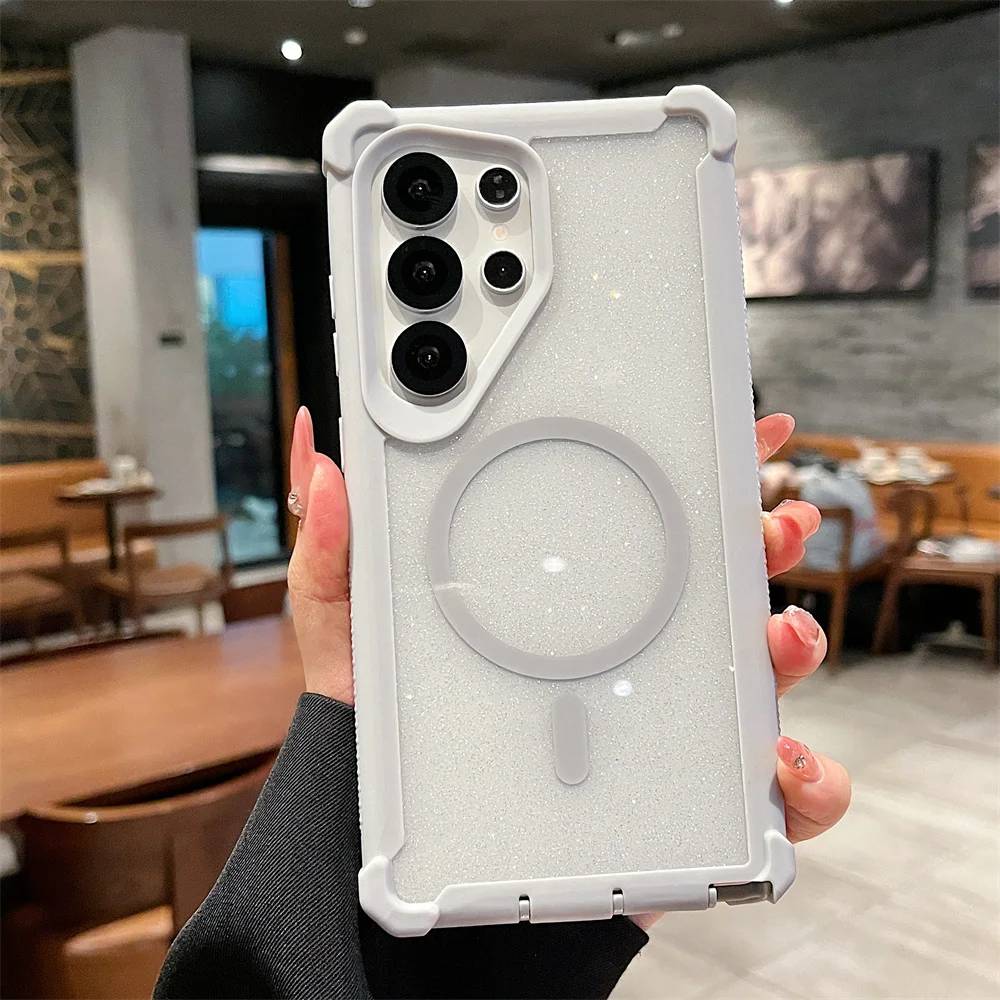 Color: Beige, Compatibility by Model: Galaxy S25+ - For Magsafe Clear Armor Bumper Glitter Phone Case For Samsung S25 Ultra S24 Plus Wireless Charging Shockproof Protective Cover