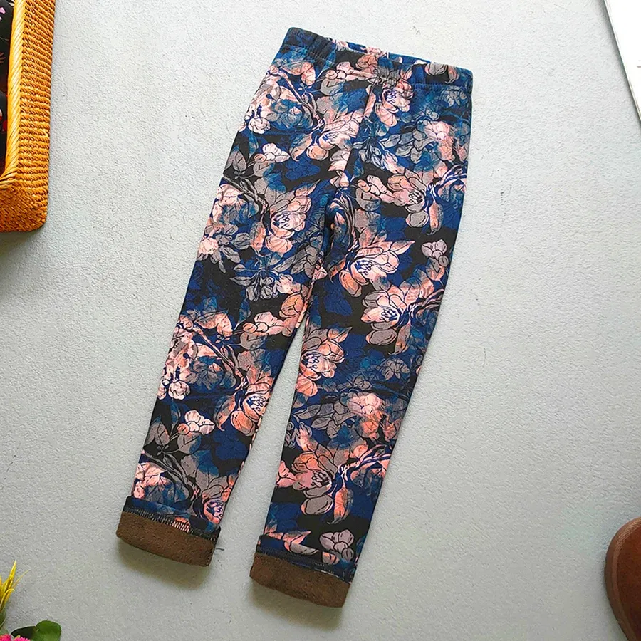 Color: Khaki, Kid Size: 9 - Autumn Winter Print Flowers Thick Warm Kids Toddler Baby Girls Leggings Children's Pants