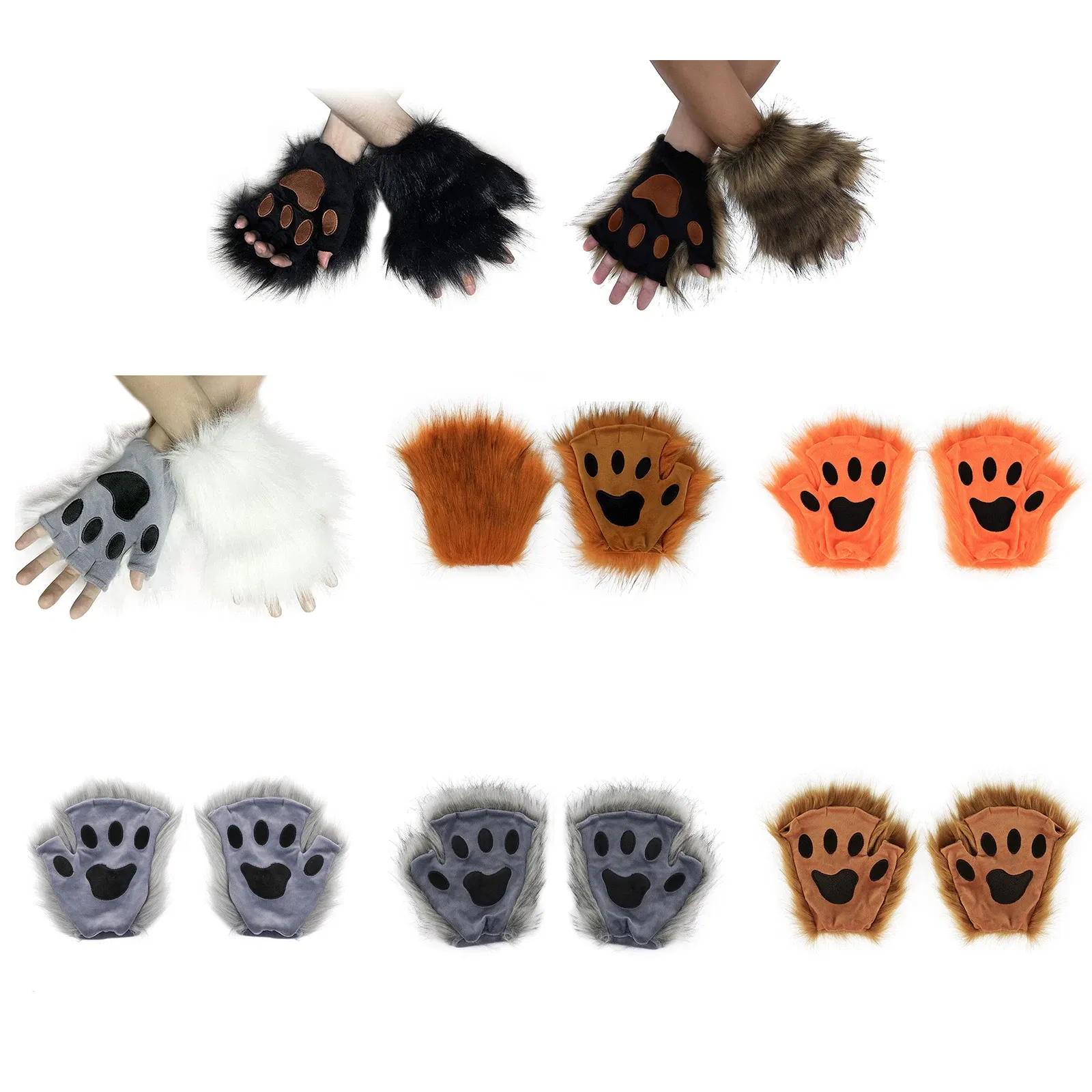 Color: black, Gloves Size: One Size - Wolf Paw Gloves Faux Fur Cat Fingerless Mittens Winter Warm Cosplay Halloween Fancy Party Costume Accessories