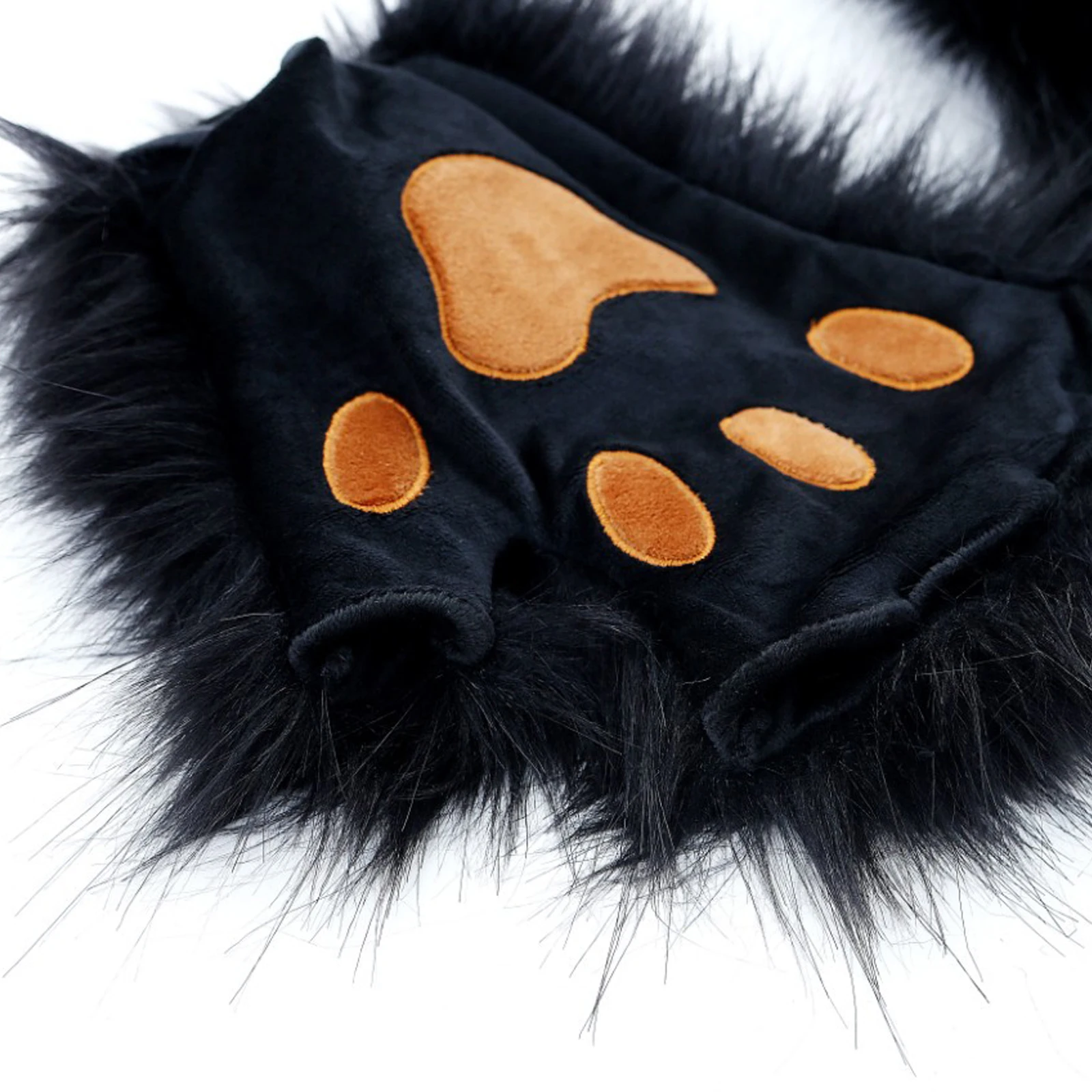 Color: black, Gloves Size: One Size - Wolf Paw Gloves Faux Fur Cat Fingerless Mittens Winter Warm Cosplay Halloween Fancy Party Costume Accessories