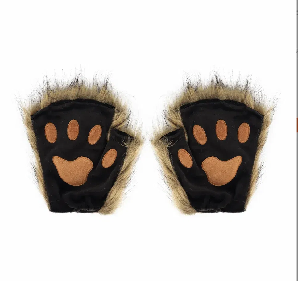 Color: black, Gloves Size: One Size - Wolf Paw Gloves Faux Fur Cat Fingerless Mittens Winter Warm Cosplay Halloween Fancy Party Costume Accessories