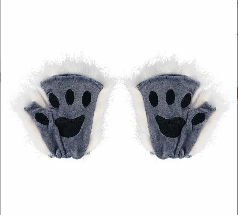 Color: black, Gloves Size: One Size - Wolf Paw Gloves Faux Fur Cat Fingerless Mittens Winter Warm Cosplay Halloween Fancy Party Costume Accessories