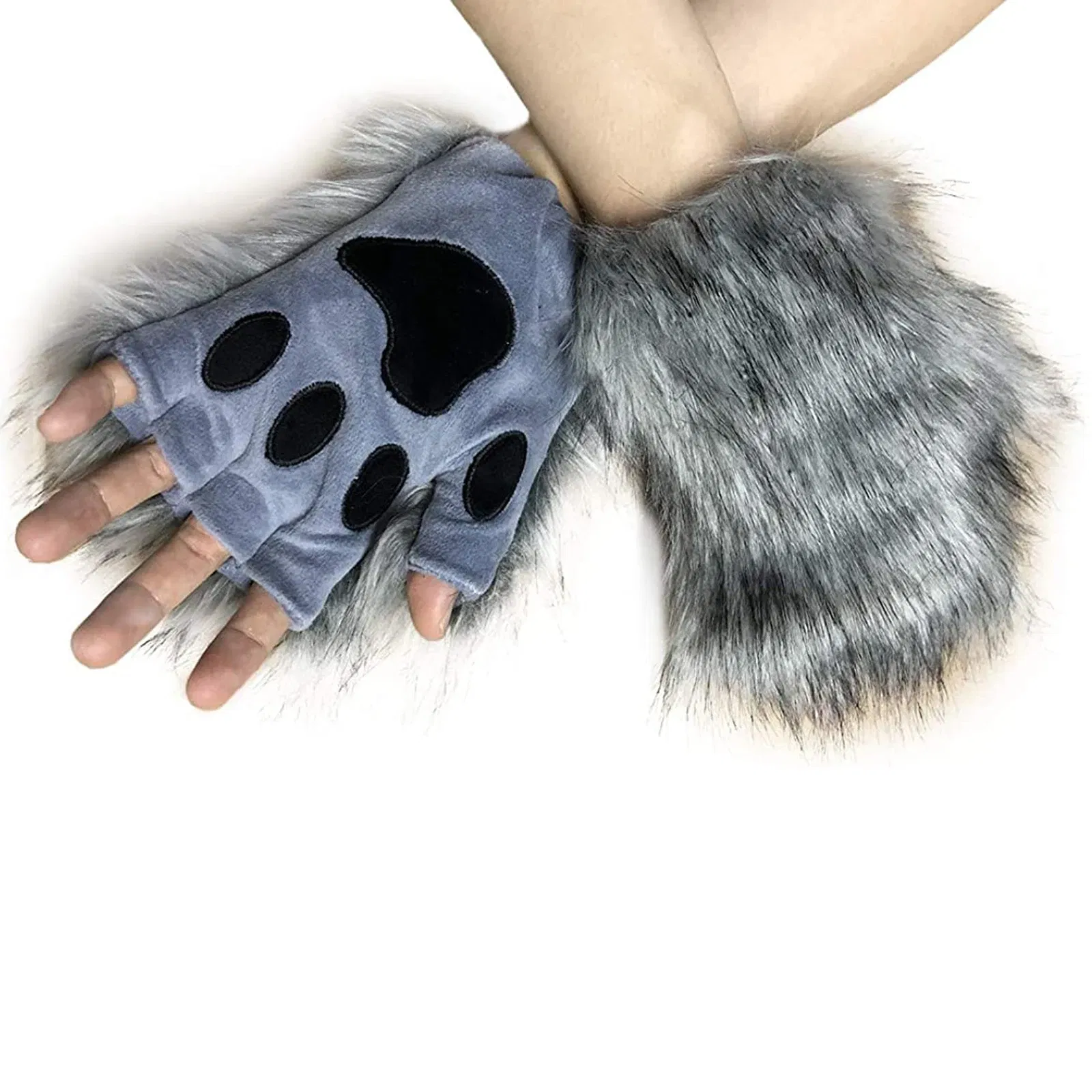 Color: black, Gloves Size: One Size - Wolf Paw Gloves Faux Fur Cat Fingerless Mittens Winter Warm Cosplay Halloween Fancy Party Costume Accessories