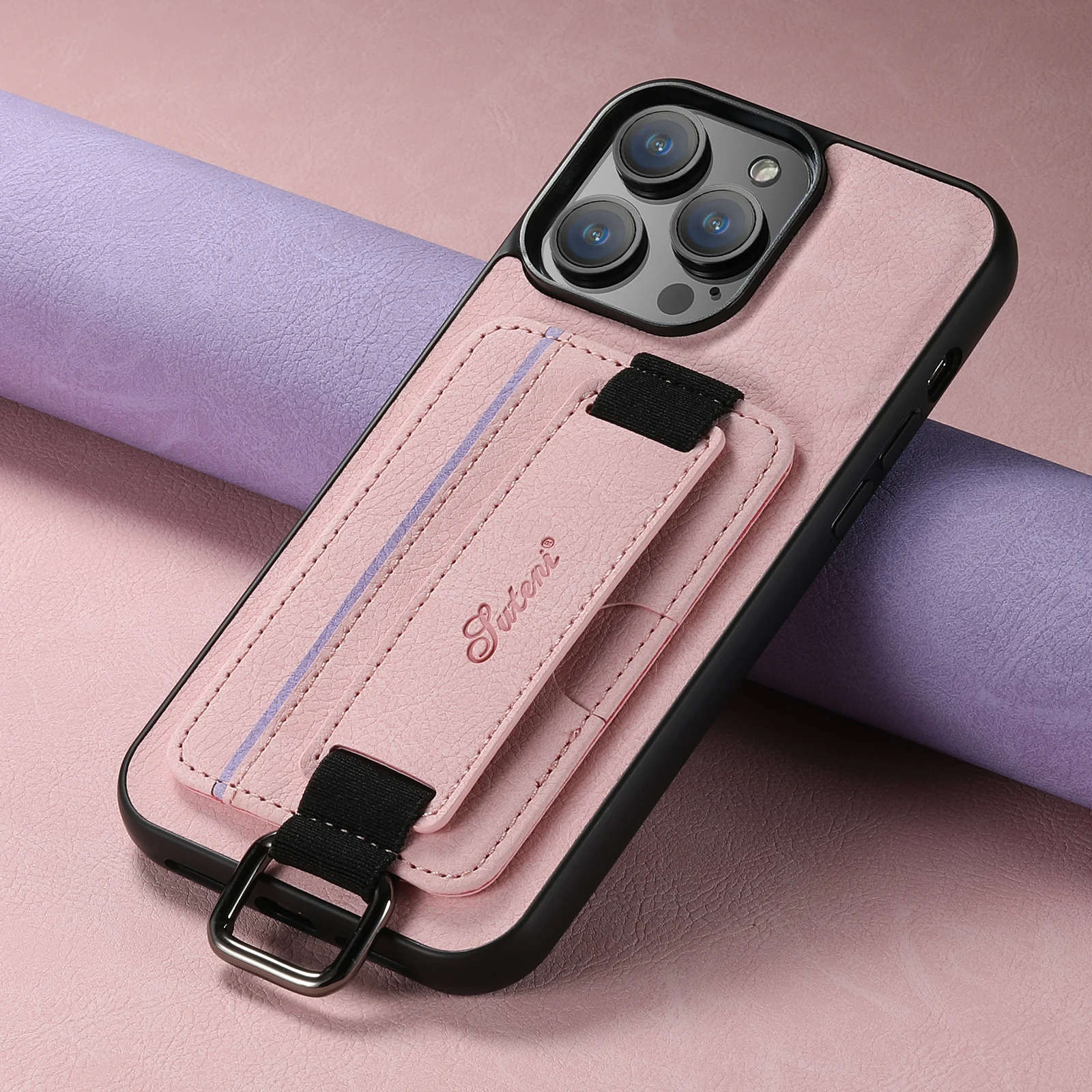 Color: pink, Material: PU - SUTENI Lychee skin print wrist strap card phone case Card holder for iPhone 16 ProMax 15 Plus 14 13 12 11 XR XS Black/blue/brown