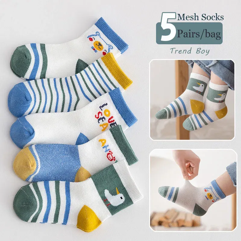 Color: Blue, Size: 2-3T - Baby Socks Summer Mesh Socks Childrens' Summer Socks Breathable Cotton Socks for Boys 5 Pairs/lot