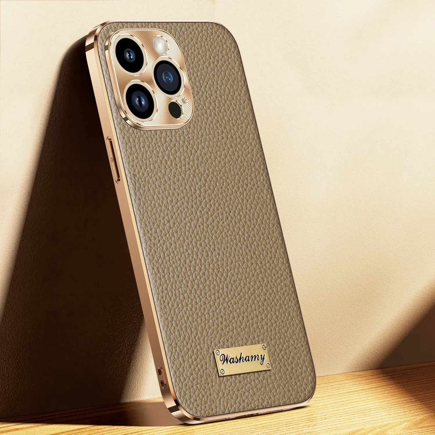 Color: Beige, Compatible-Phone Models: For iPhone 15 Pro Max - Luxury Genuine Leather Phone Case For iPhone 15 14 13 Pro Max Plating Soft Silicone Frame Shockproof Cover For iPhone 16 Pro Max