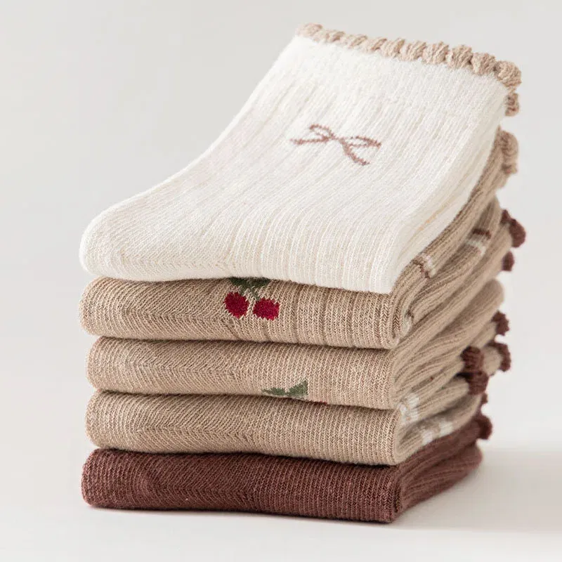 Color: SKY BLUE, Size: 4-6T - Autumn Winter Children's Socks Cute Coffee Bear Cartoon Cotton Socks Baby Girls 5 Pairs Mid Calf Socks