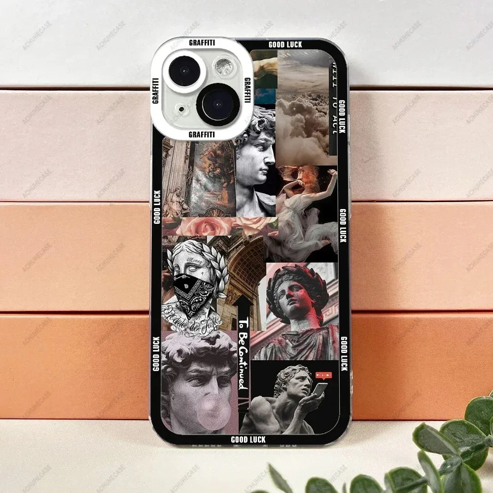 Color: Blue, Material: Vinyl - Aesthetic Statue Art Phone Case For iPhone 16 15 14 13 12 11 Pro Max XS X XR Plus Mini Luxury Transparent Soft Funda