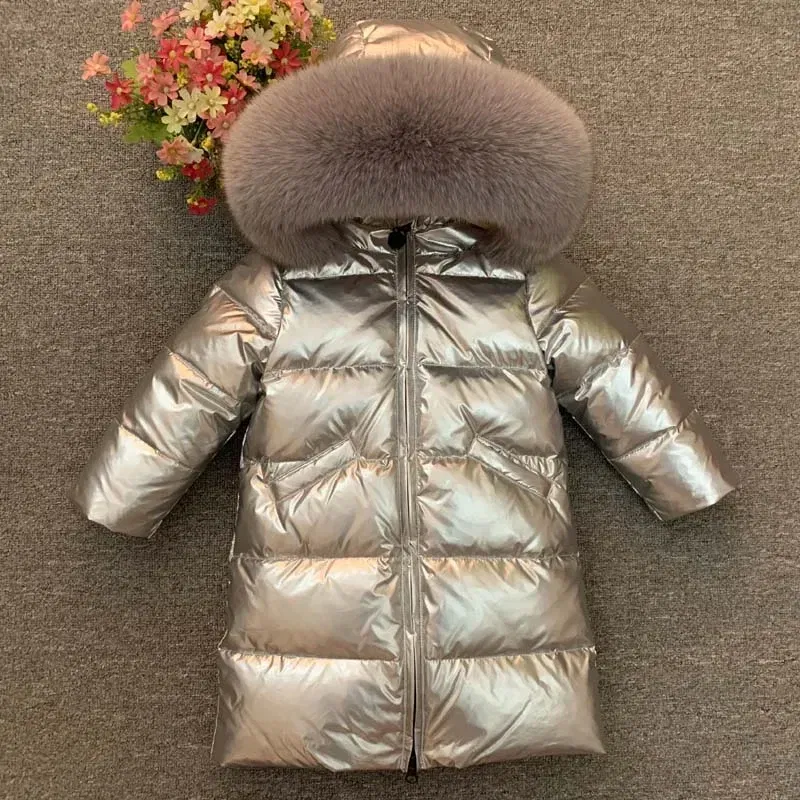 Color: WHITE, Kid Size: 4T - Children Girl boy Winter real fur thickened down jackets 90 down Long Coat jacket overcoat baby kids clothing -30 outwear ws1245
