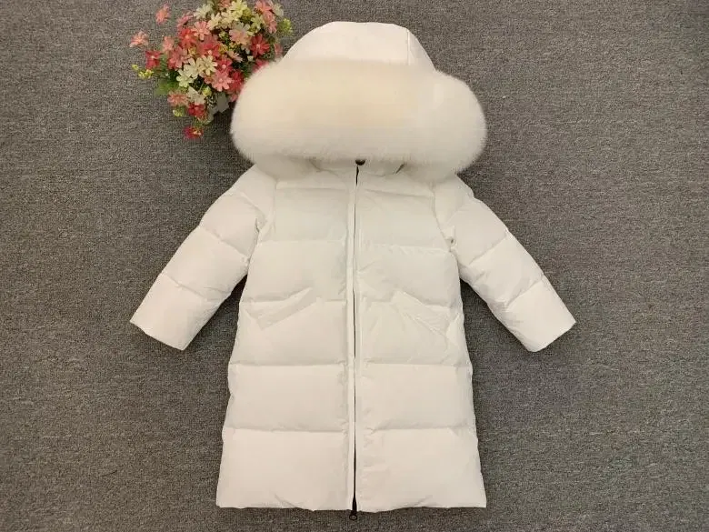 Color: WHITE, Kid Size: 4T - Children Girl boy Winter real fur thickened down jackets 90 down Long Coat jacket overcoat baby kids clothing -30 outwear ws1245