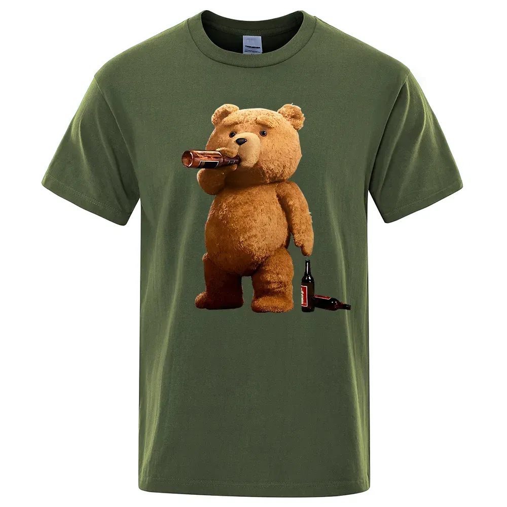 Color: Red, Size: M - Lovely Ted Bear Drink Beer Poster Funny Printed T-Shirt Men Fashion Casual Short Sleeves Loose Oversize Tee Street Hip Hop Tops