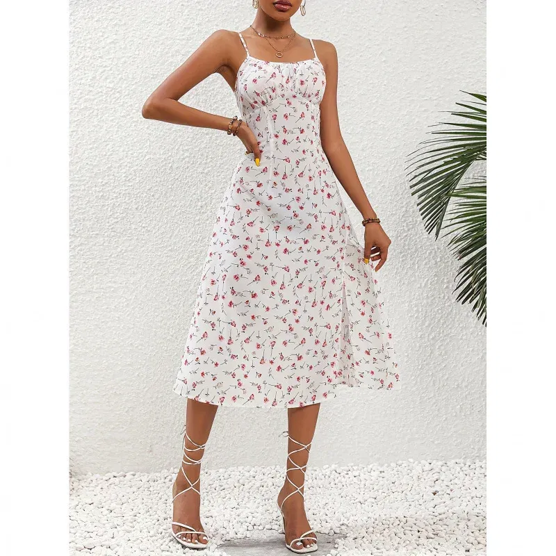 Color: SKY BLUE, Size: XXL - 2025 Summer Sexy Spaghetti Straps Dress Women Fashion Polka Dot Print Sleeveless Slit Dress Boho Casual Beach Midi Dresses