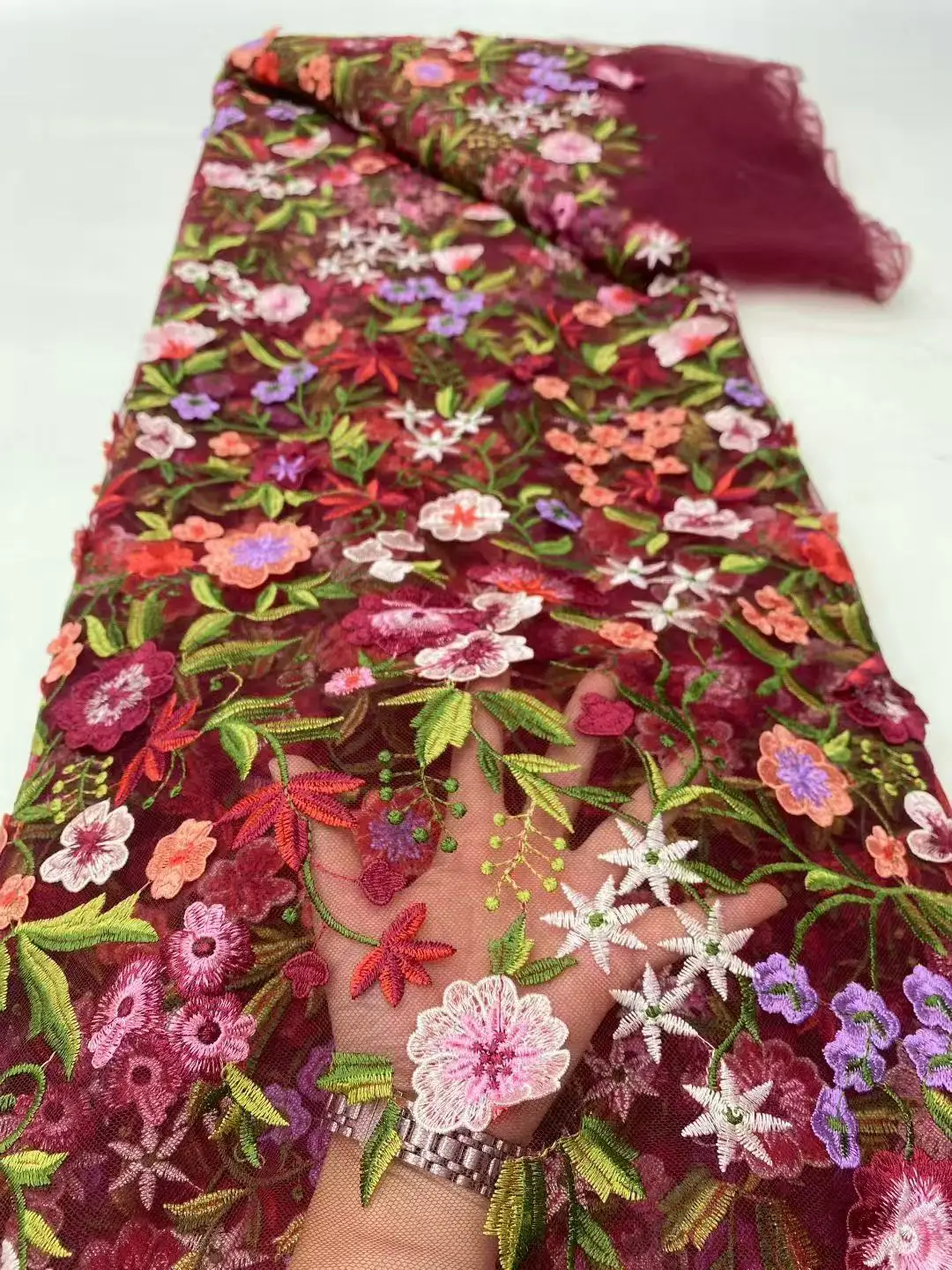 Color: Chocolate, Width: 120cm, Length: 5 yards - Purple 3D Flowers French Latest Nigerian Lace Fabrics 2025 High Quality Net African Lace with Beads for Wedding Party 2025