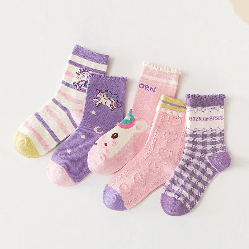 Color: Blue, Size: 2-3T - 5 pairs/lot Children's Socks Autumn Socks Girls Sweet Purple Floral Pattern Mid Calf Socks Baby Infant Cotton Socks