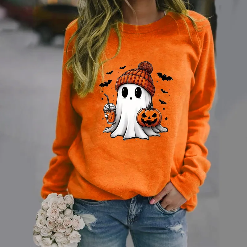 Color: Blue, Size: M - Cute Ghost Pattern Sweater Women's Casual Halloween Ghost Harajuku Pullover Fall Women's Tops