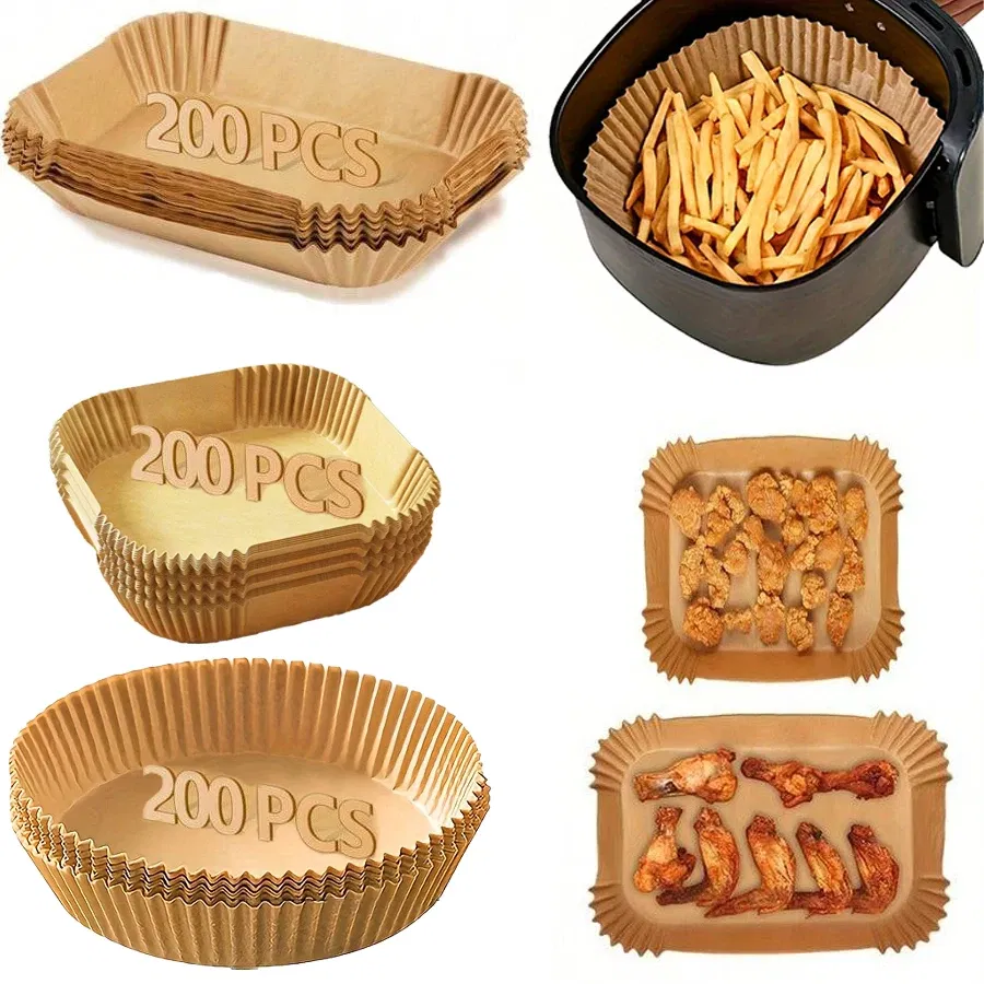 Color: Dark Khaki - Air Fryer Paper Liners Disposable Oil-Proof Waterproof Baking Paper Round Square And Rectangle Parchment Kitchen Party Supplies