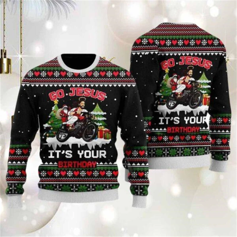 Color: Gold, Size: XL - Funny Santa Claus Graphic Ugly Christmas Sweater 2026 Men Fashion Autumn Winter 3D Printed Sweatshirt Casual Oversized Pullovers