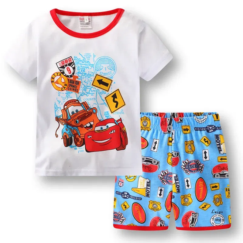 Color: Blue, Kid Size: 4T - New Summer Kids Pyjamas Children Sleepwear Baby Set Boys Girls Cars Short sleeved Pijamas Cotton Nightwear Clothes Pajamas Sets