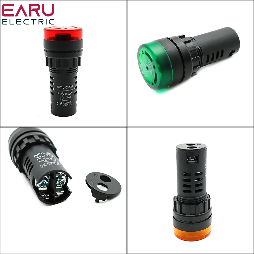 Color: Brown - AD16-22SM 22mm Panel Diameter AC 12V 24V 110V 220V Flash Signal Light Red LED Active Buzzer Beep Alarm Indicator Green Yellow