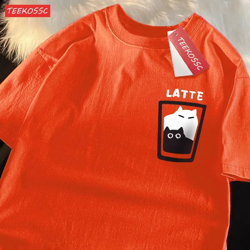 Color: Pink, Size: L - Mocha Latte Couple Outfit Cat Coffee Couple Male T-Shirts Graphic Cool Tee Shirt High-Quality Oversized Tshirt Comfort Soft