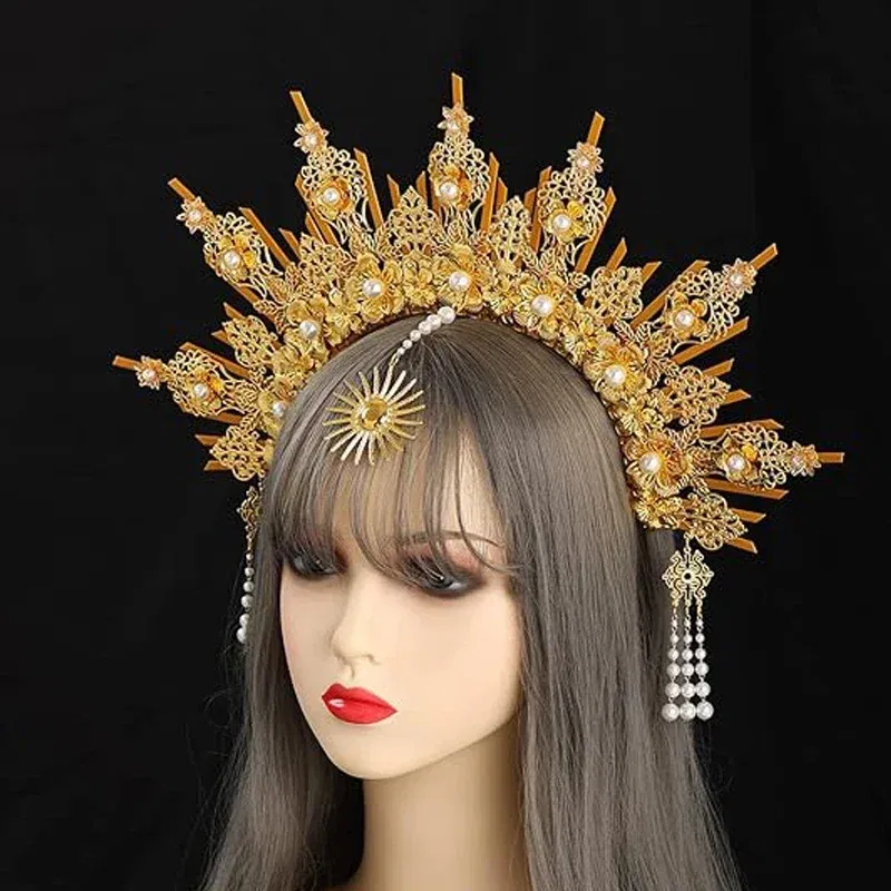 Color: Blue - MATERIAL  PACKAGE Sunburst Goddess Gold Spike Mary Halo Crown Headpiece NYLON ZIP TIE Wedding Bride Hair Band Tiar