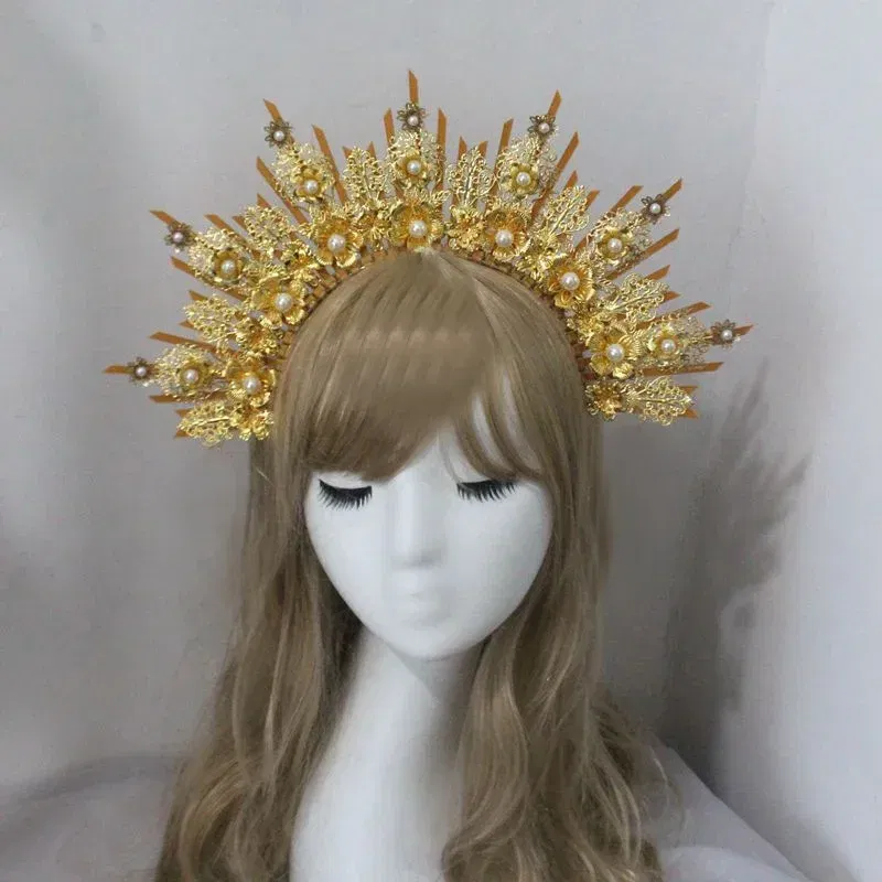Color: Blue - MATERIAL  PACKAGE Sunburst Goddess Gold Spike Mary Halo Crown Headpiece NYLON ZIP TIE Wedding Bride Hair Band Tiar
