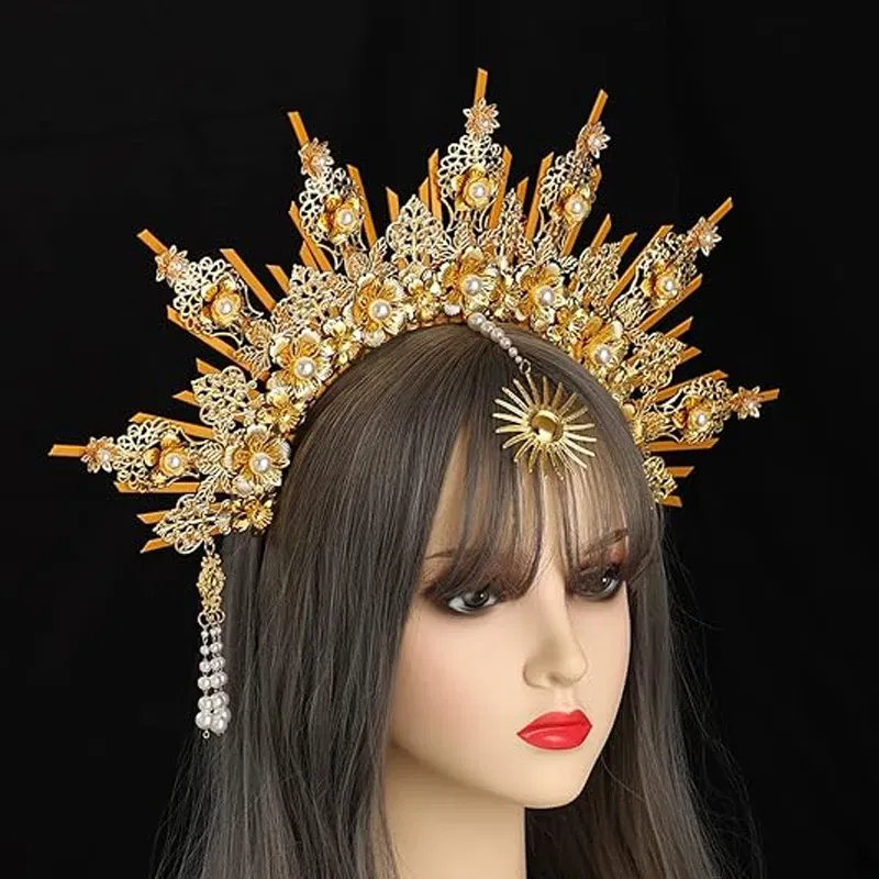 Color: Blue - MATERIAL  PACKAGE Sunburst Goddess Gold Spike Mary Halo Crown Headpiece NYLON ZIP TIE Wedding Bride Hair Band Tiar