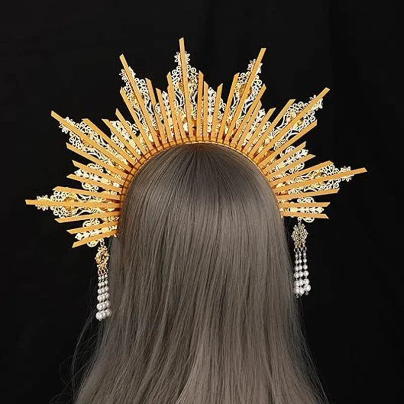 Color: Blue - MATERIAL  PACKAGE Sunburst Goddess Gold Spike Mary Halo Crown Headpiece NYLON ZIP TIE Wedding Bride Hair Band Tiar