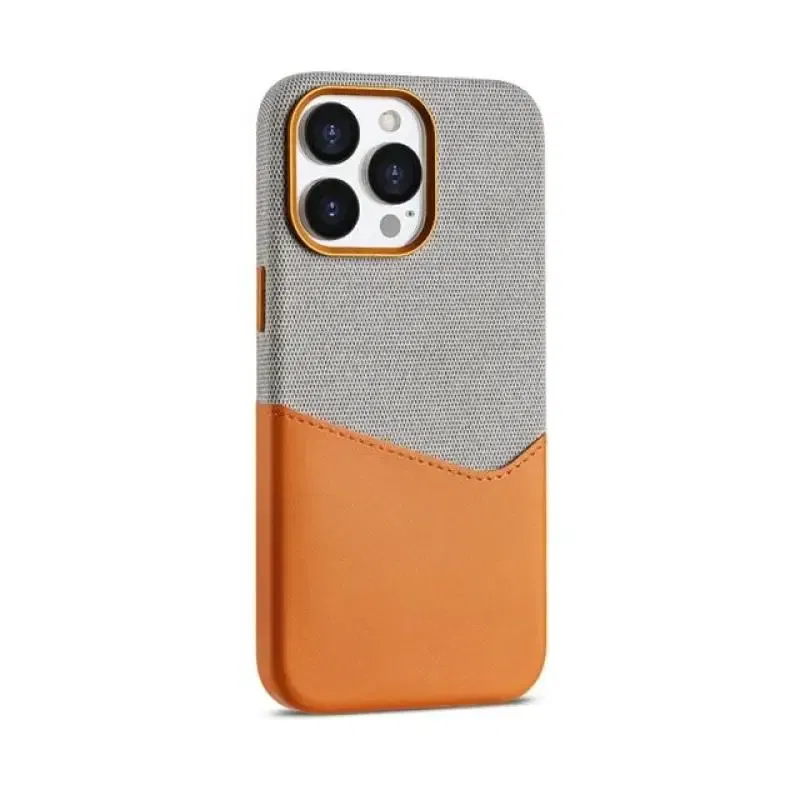 Color: Brown, Material: Cotton Fabric - Card Holder MagSafe Leather Phone Case For iPhone 15 14Pro Max 13 14 Pro 12 Pocket Wireless Charging Alloy Lens Hit Color Cover